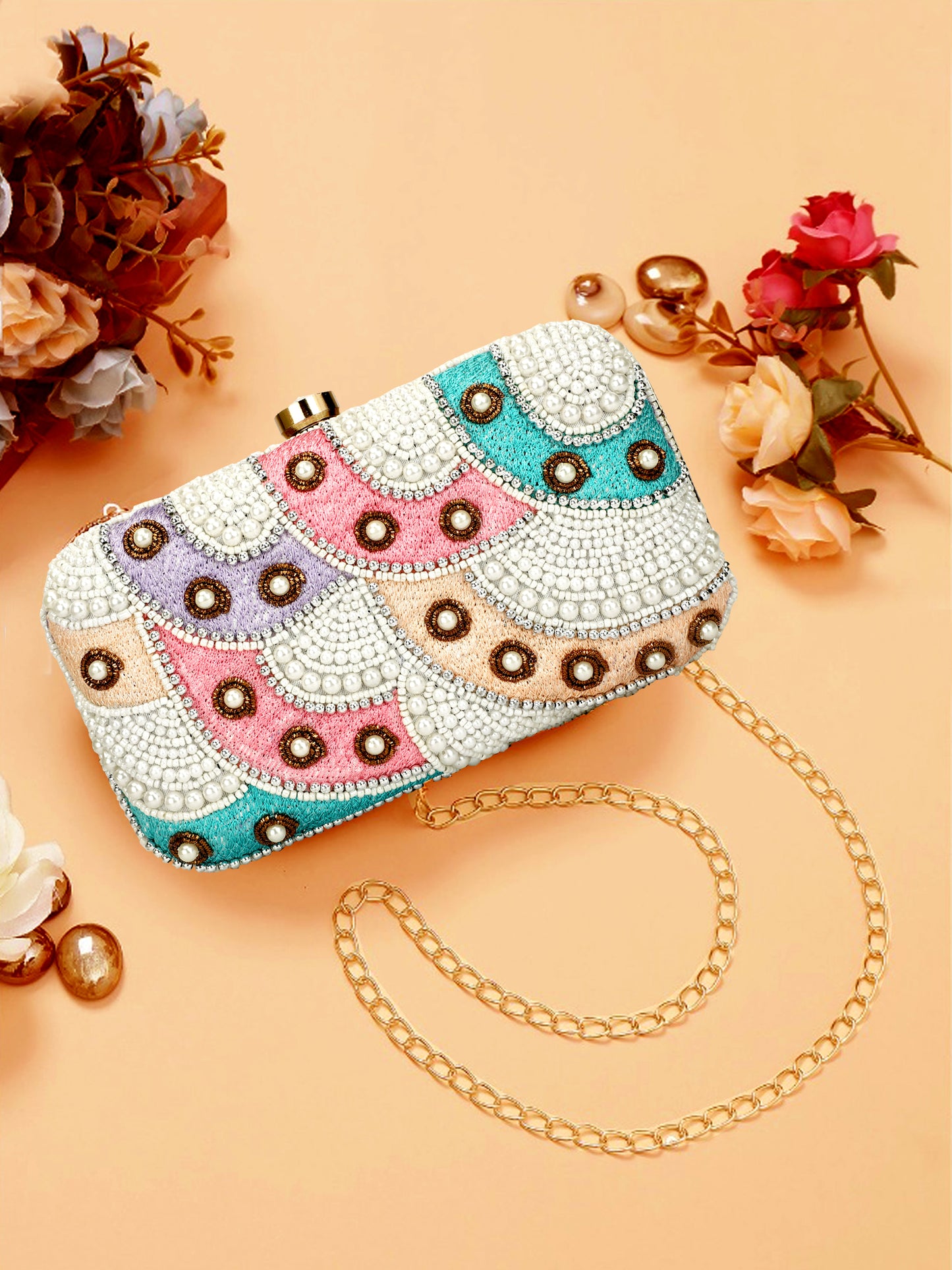 Pearl Beaded multicolor formal party clutch with gold chain for women and girls