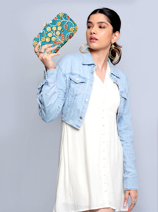 women blue color designer handmade clutch box purse