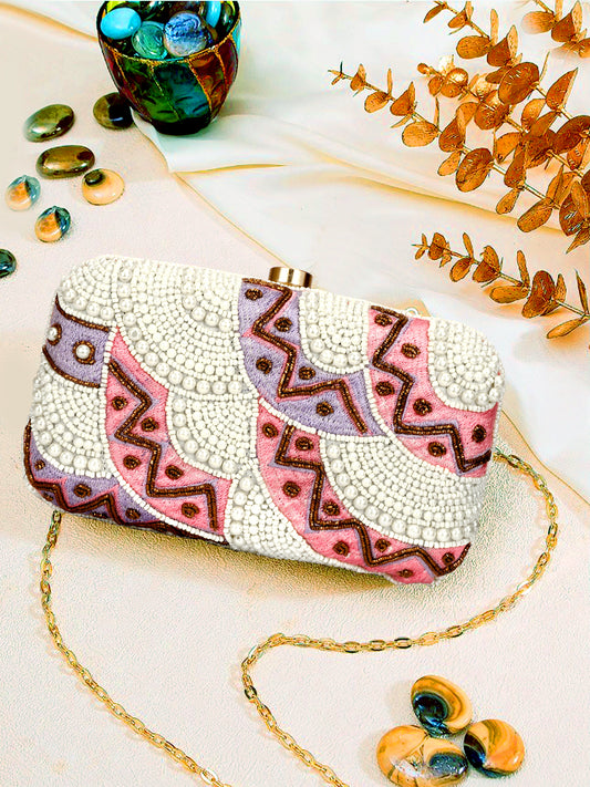 Pearl Beaded multicolor formal party clutch with gold chain for women and girls