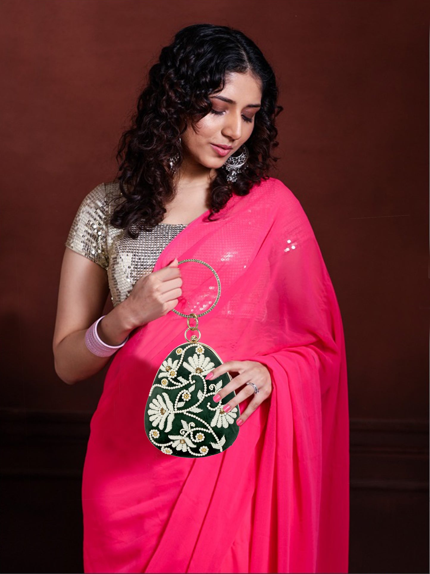 Beaded designer female partywear clutch purse green color