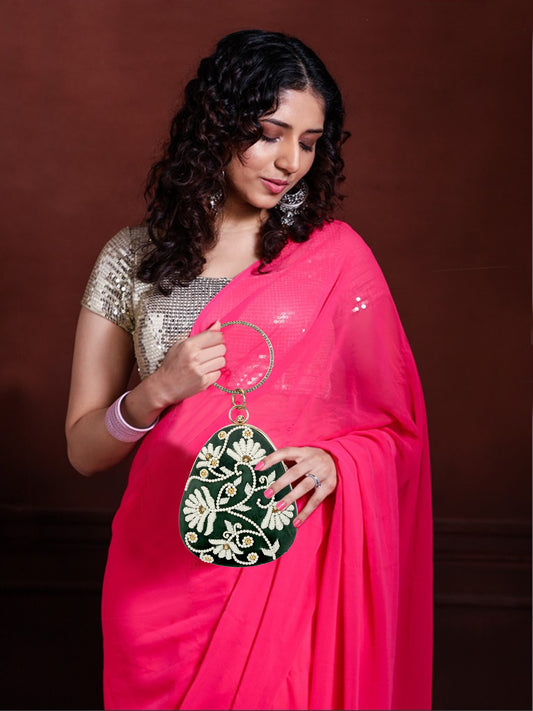 Beaded designer female partywear clutch purse green color