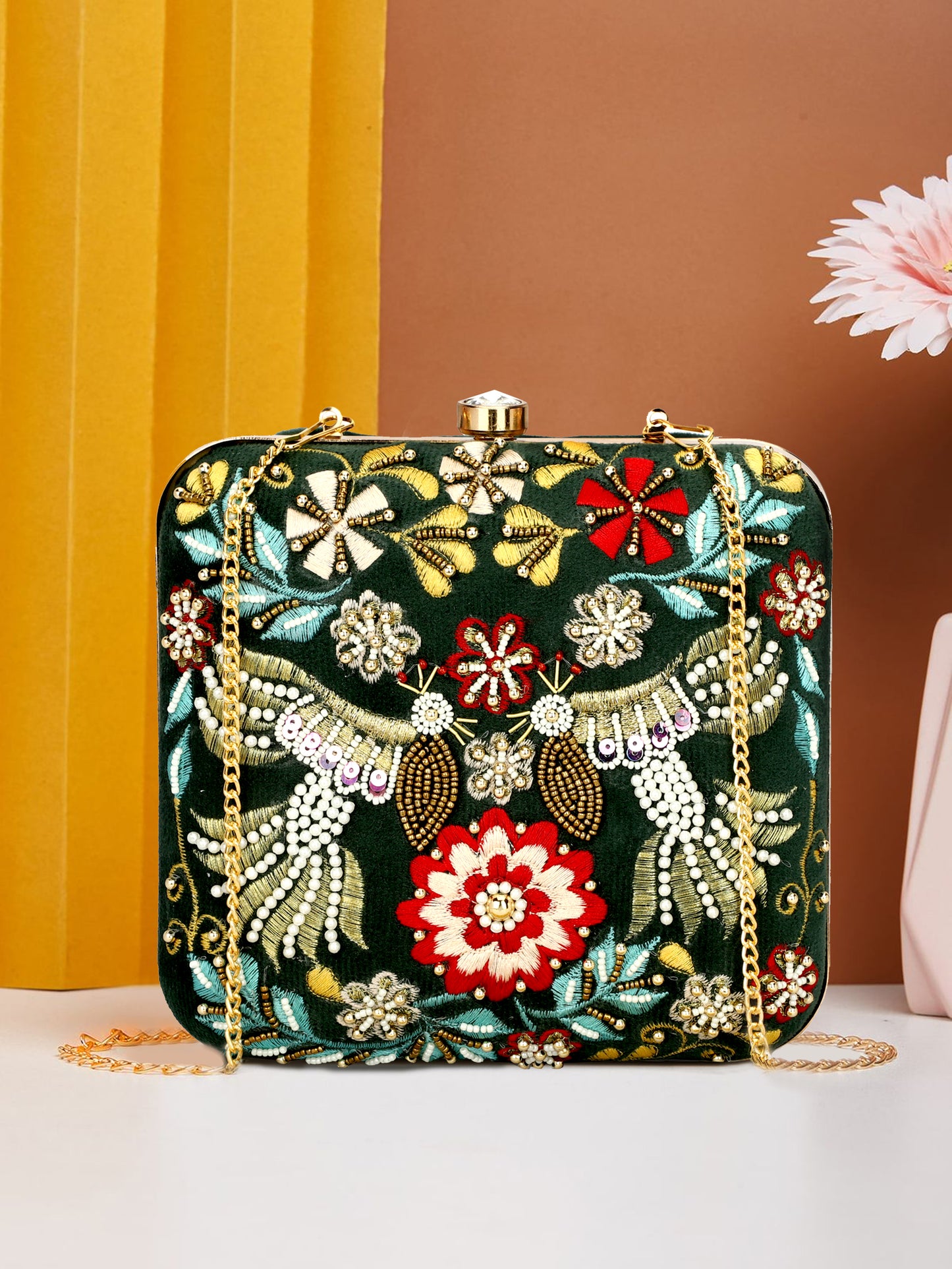 Beaded formal party clutch with pearls handle gold chain for women and girls