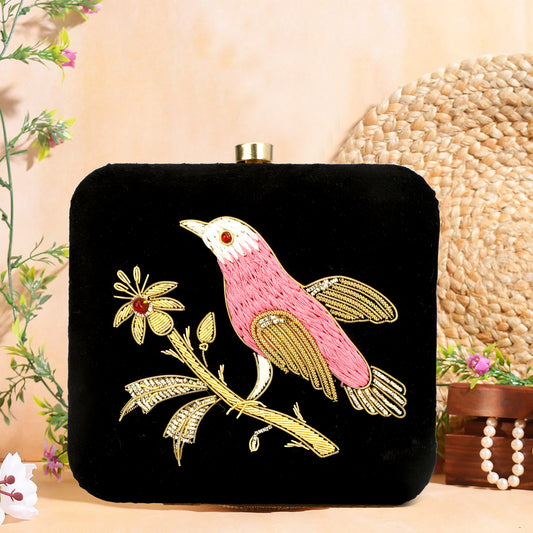 Birds design silk threads work women clutch box purse size 6x6x2 inch