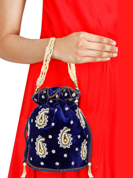 Handmade Stylish Velvet Potli Bag with Pearl and Bead Embellishments | Handcrafted Bridal | Party Clutch | Drawstring Pouch for Women and Girls