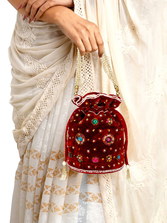 raditional Shagun Potli|Drawstring with Beads Handle Potli|New Flower Embroidery Potli|maroon