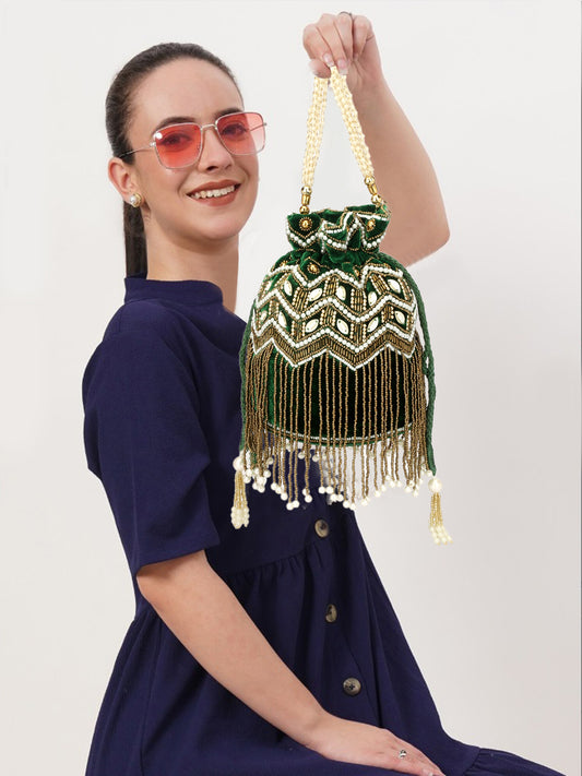 women beaded handmade bridal green color velvet potli bag