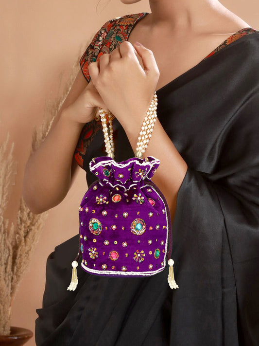 Multicolor Beads women velvet wedding potli bag