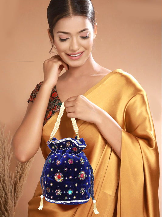 Blue color velvet women potli bag