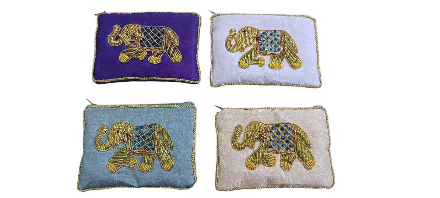 set of 4 pcs Elephant Pattern Glass Beaded Coin Purse/Zipper Pouch/Women's Fashion Handmade Bags/Travel Accessories/Ethnic Beaded Pouch Multicolor