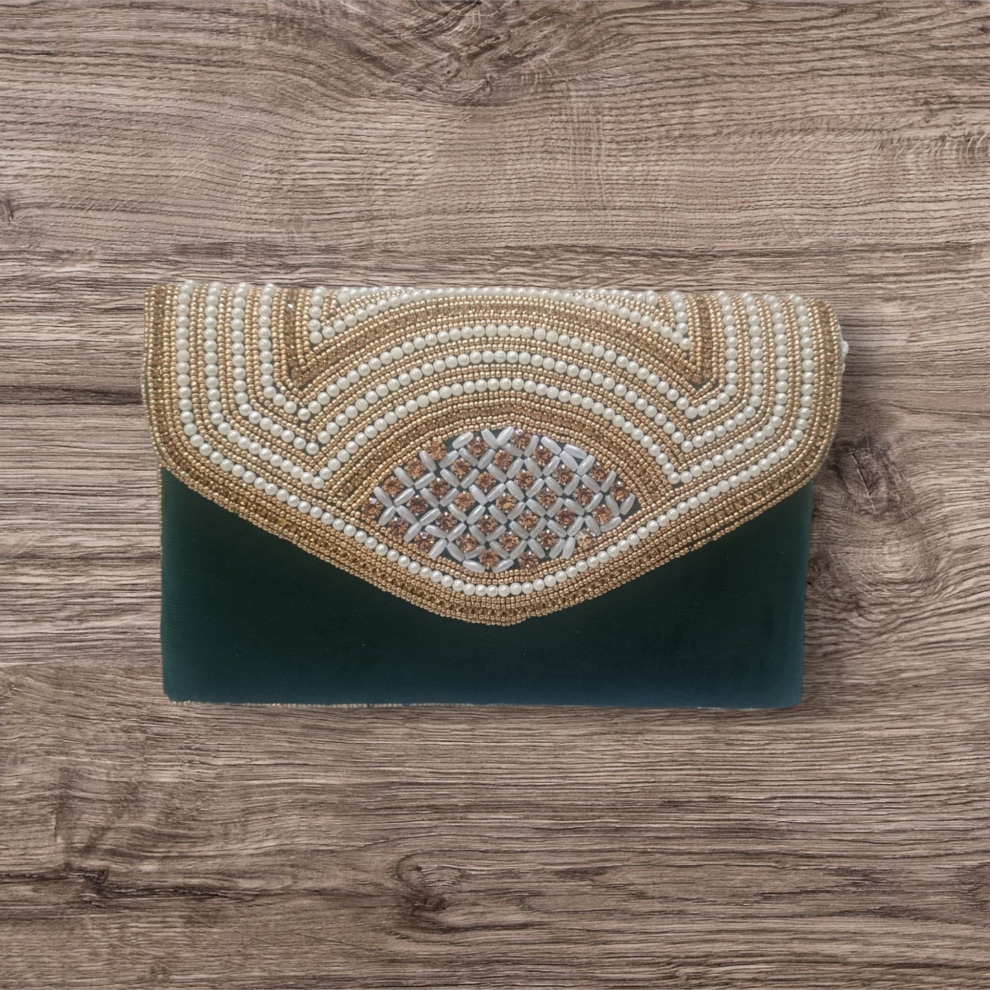 Women green color beaded handmade clutch purse