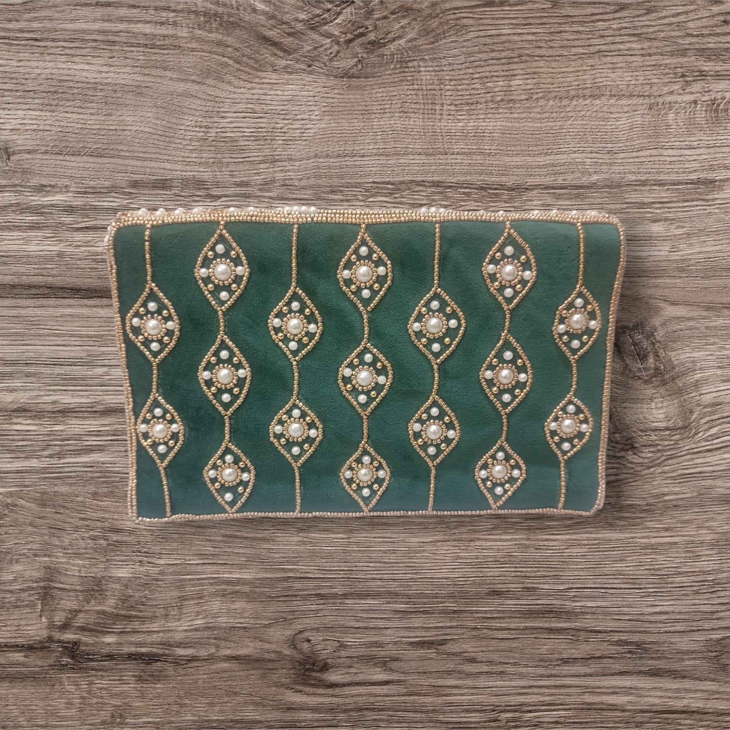 Women green color beaded handmade clutch purse