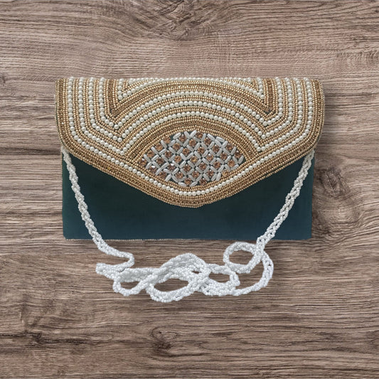 Women green color beaded handmade clutch purse