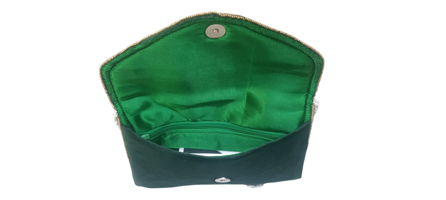 Women green color beaded handmade clutch purse