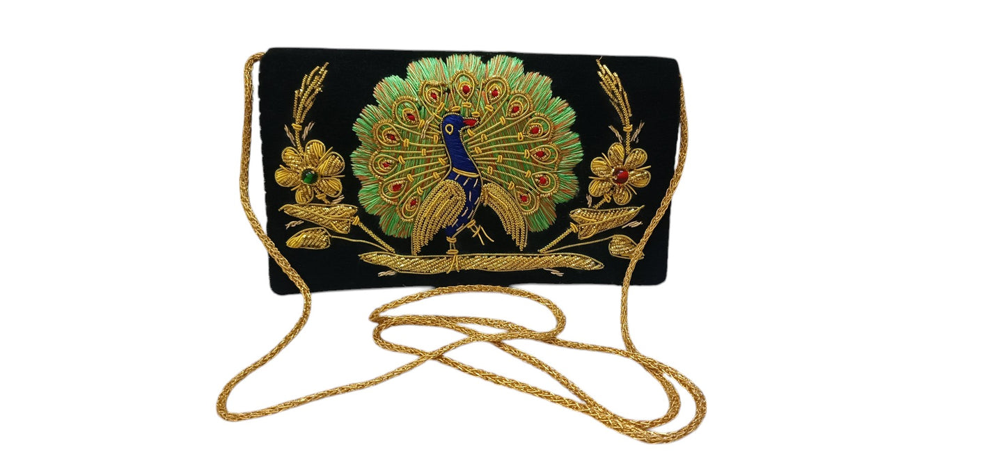Peacock design traditional silk work women clutch cum sling bag