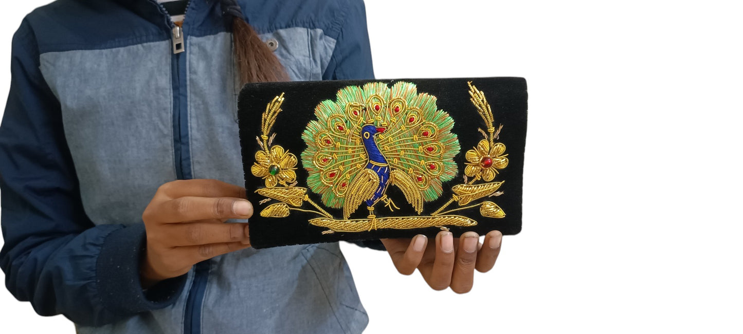 Peacock design traditional silk work women clutch cum sling bag