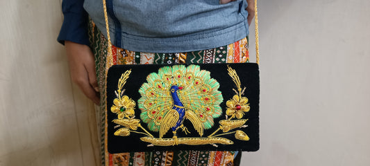 Peacock design traditional silk work women clutch cum sling bag