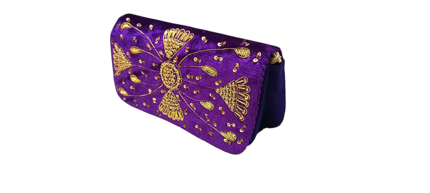 Women wedding designer velvet clutch purse purpal color