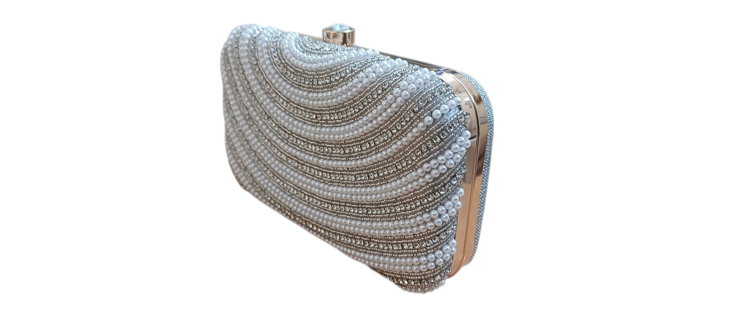 Crystal Beads women latest design women and girls clutch box purse white