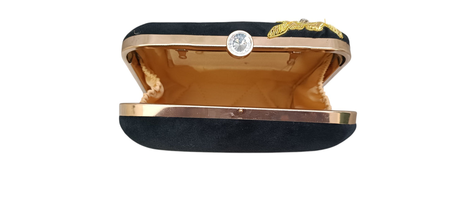 black color zardosi work hand made gold work clutch purse