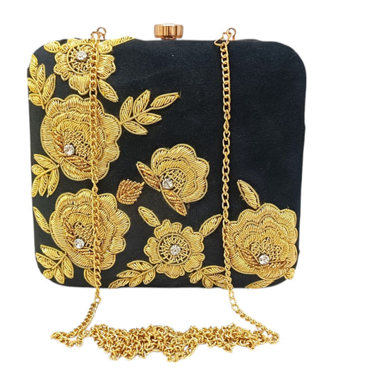 black color zardosi work hand made gold work clutch purse