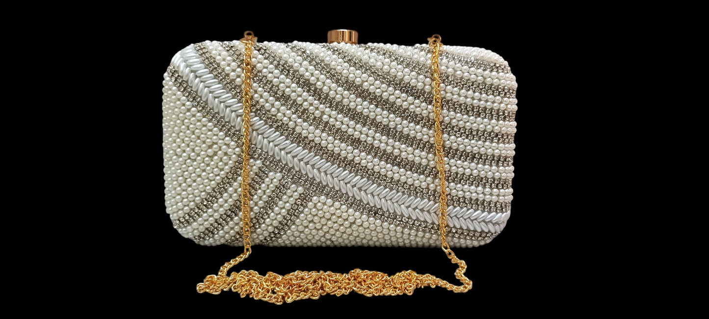 white pearl crystal beads women clutch box purse