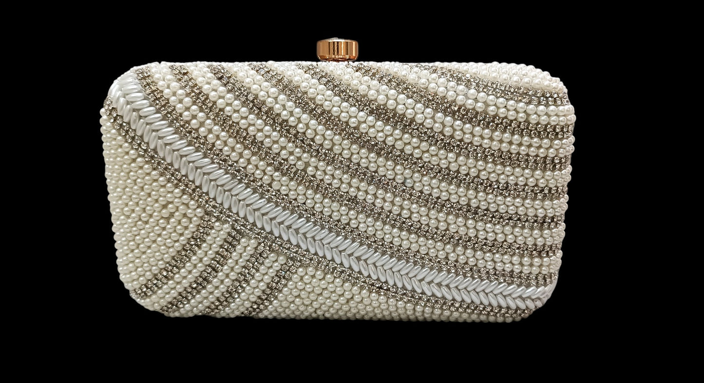 white pearl crystal beads women clutch box purse