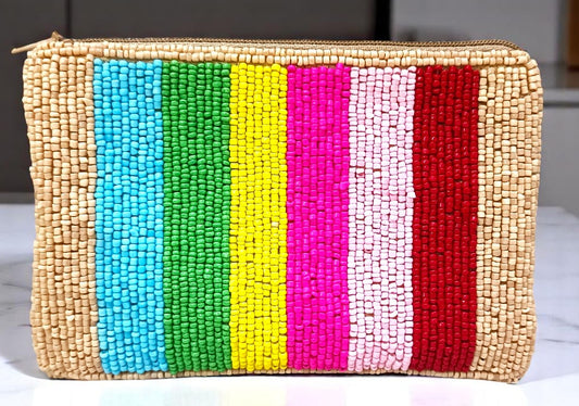 Multicolor embroidered beaded women small coin pouch bag