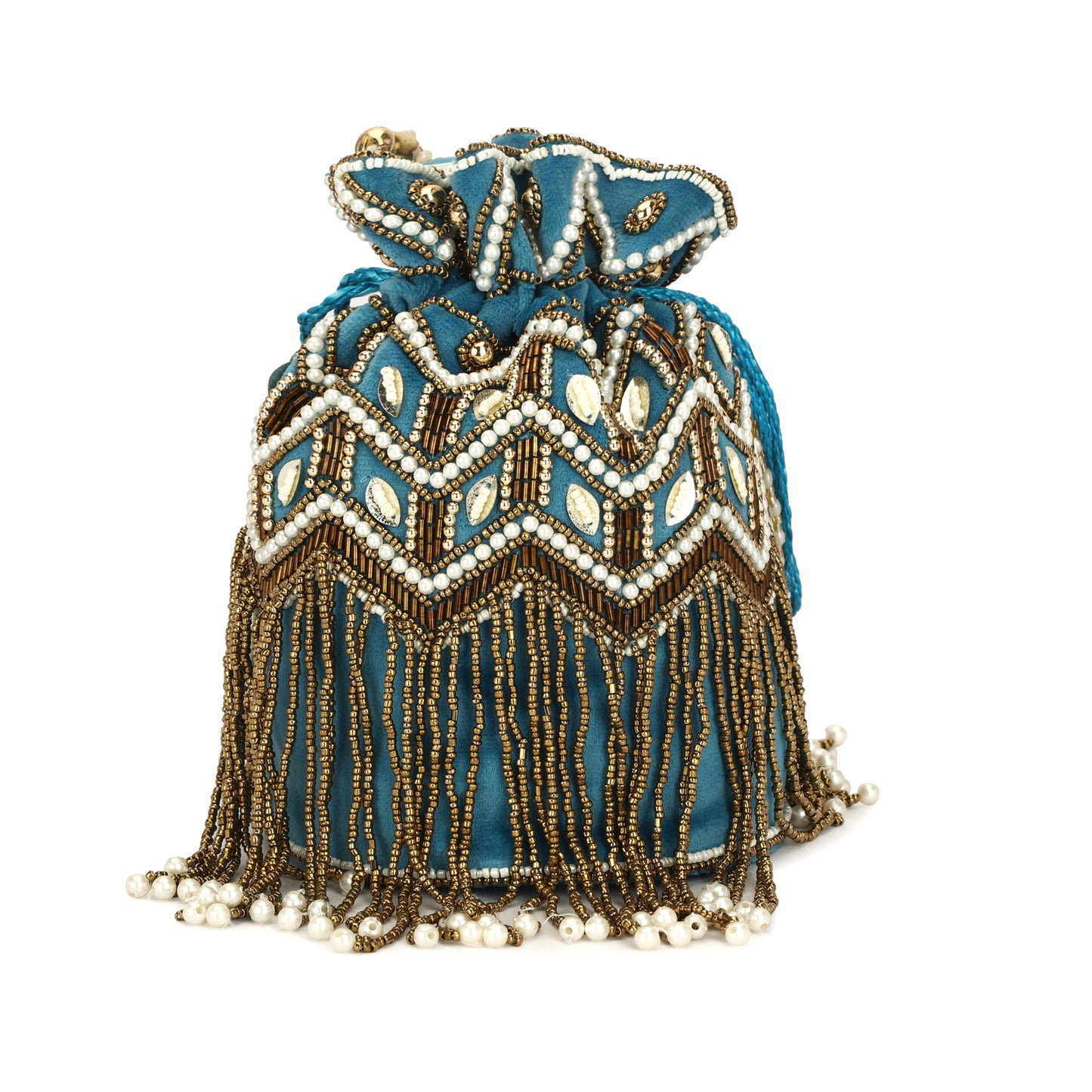 Pearl & Zardosi Potli Bag Hand Embroidery Drawstring Potli Women's Handbag Purse With Pearl Handle & Tassel Purse