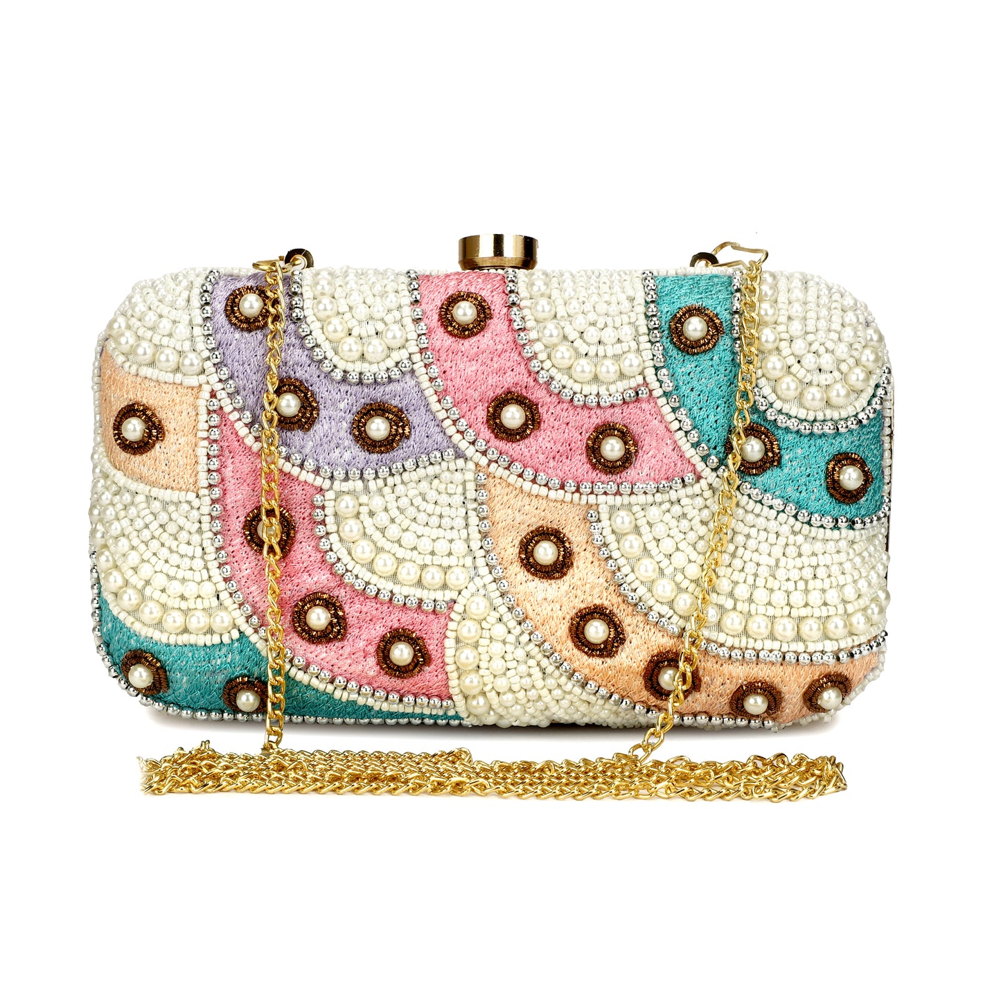 Pearl Beaded multicolor formal party clutch with gold chain for women and girls