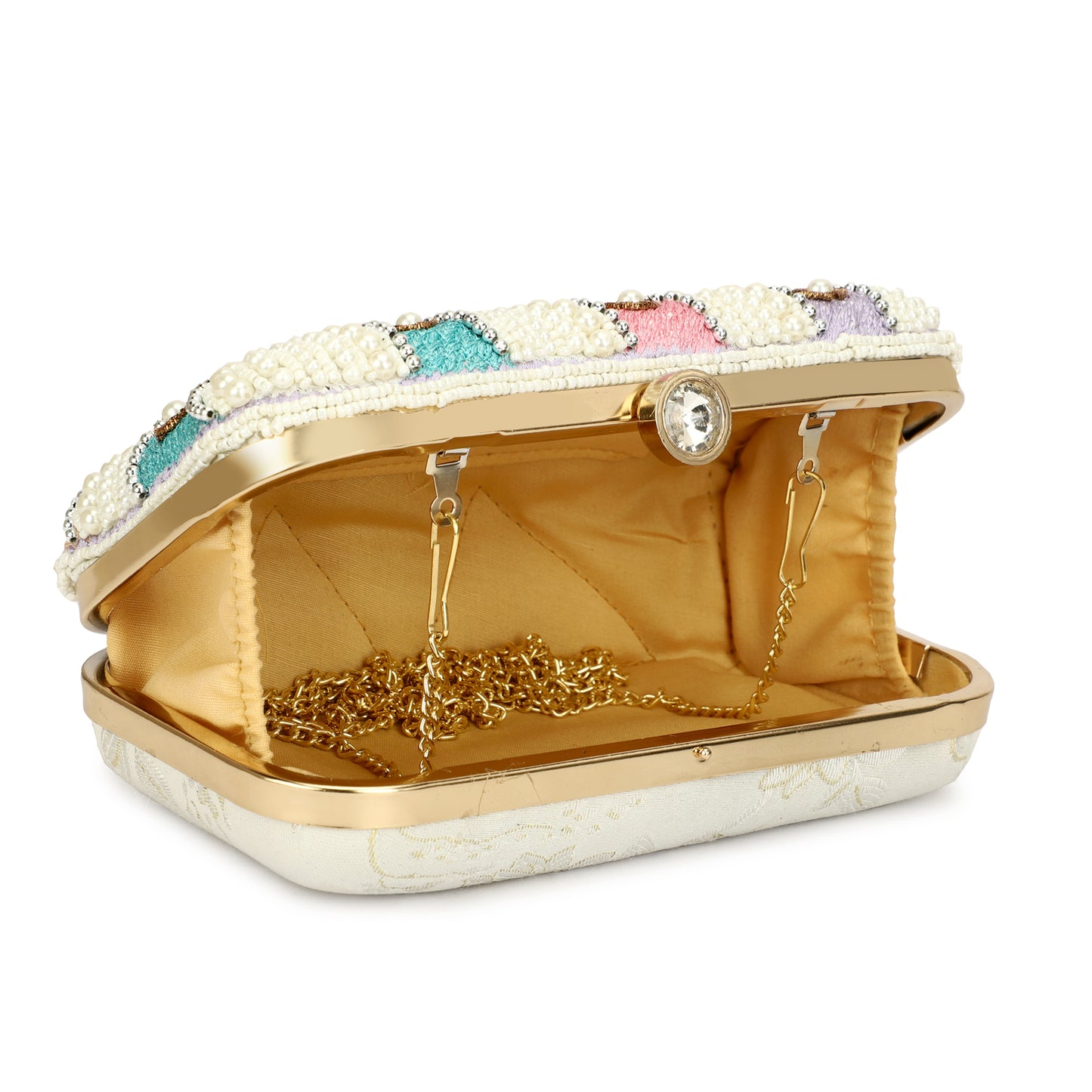 Pearl Beaded multicolor formal party clutch with gold chain for women and girls