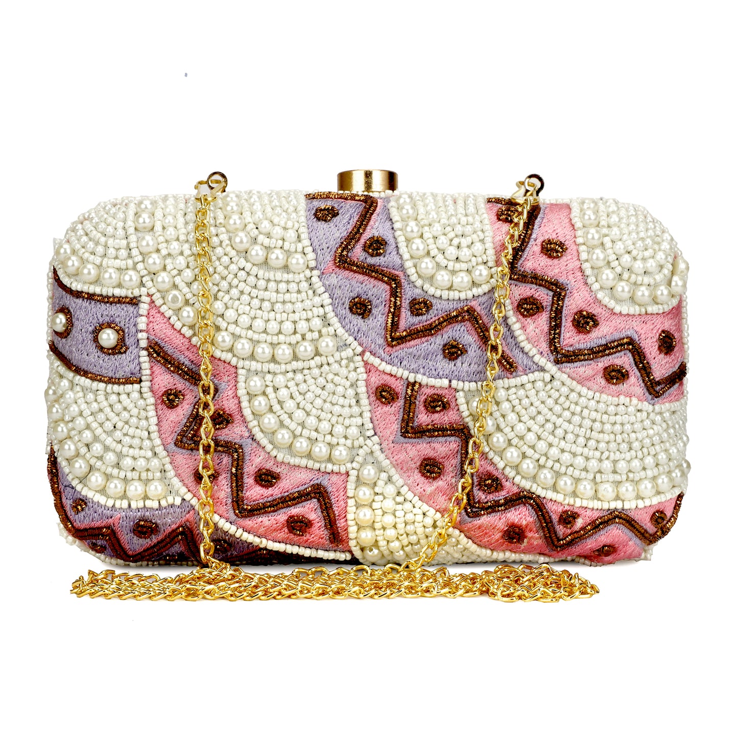 Pearl Beaded multicolor formal party clutch with gold chain for women and girls