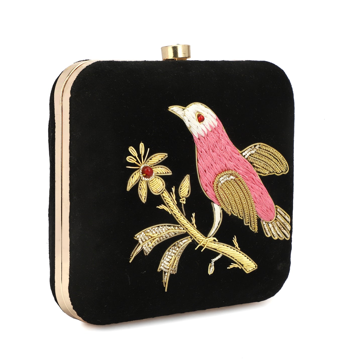 Birds design silk threads work women clutch box purse size 6x6x2 inch
