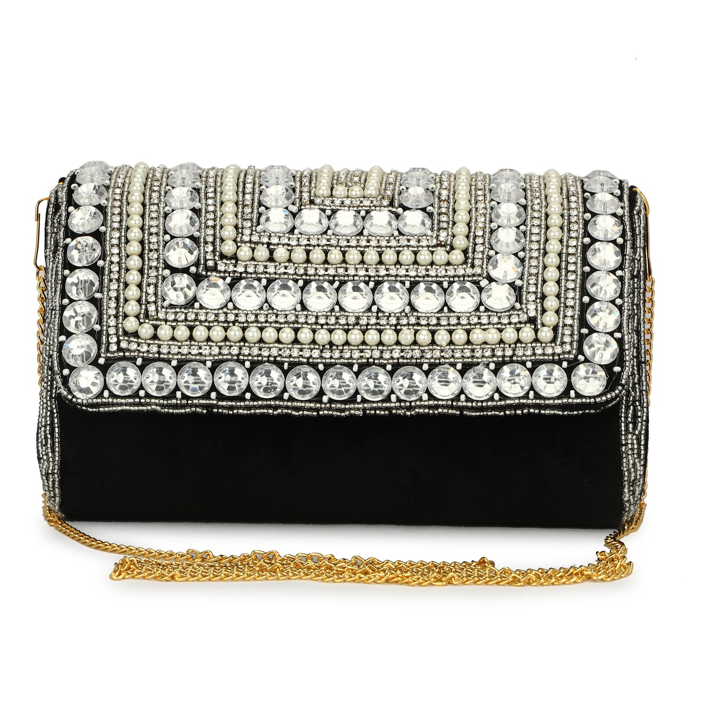 women designer crystal bead work black color clutch purse