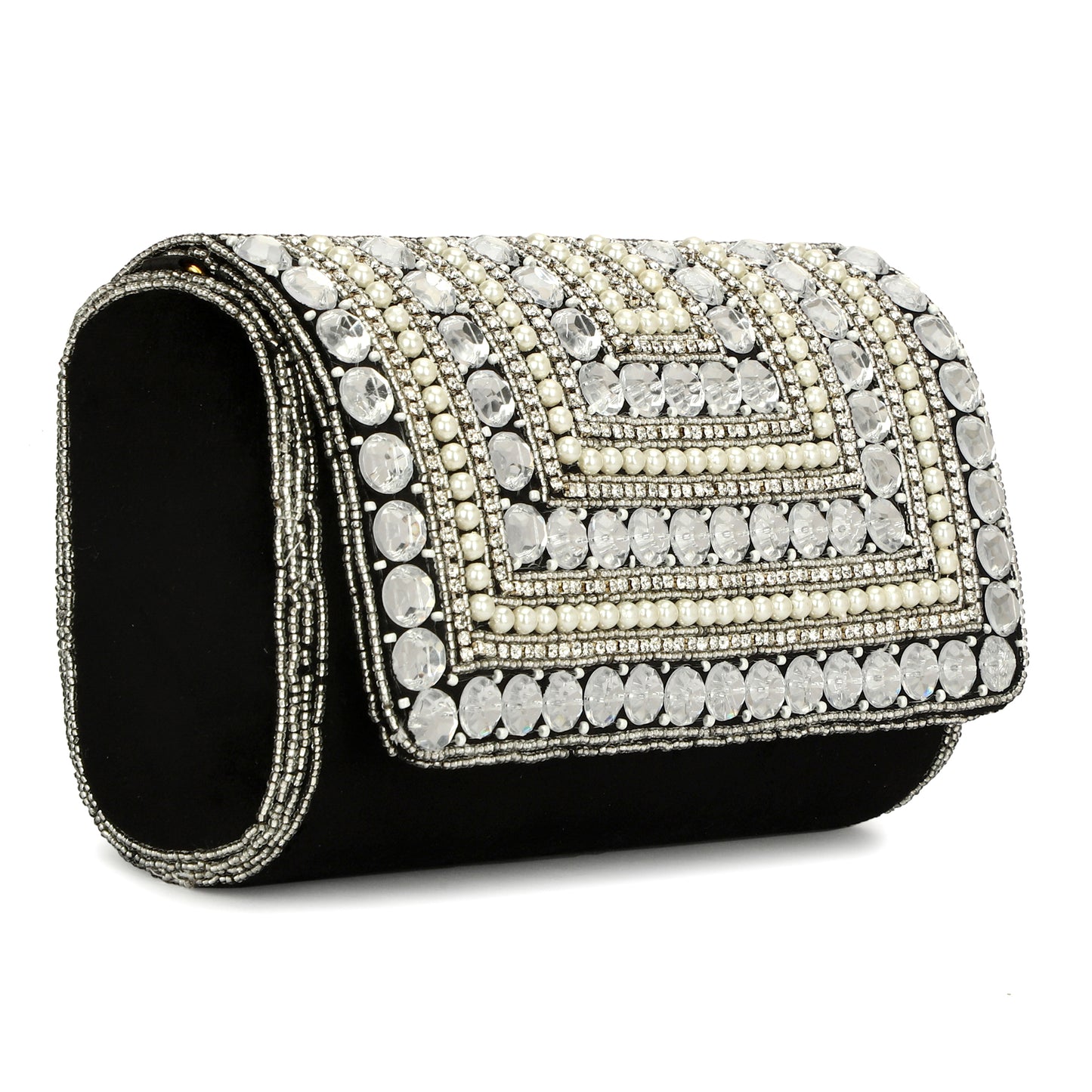 women designer crystal bead work black color clutch purse