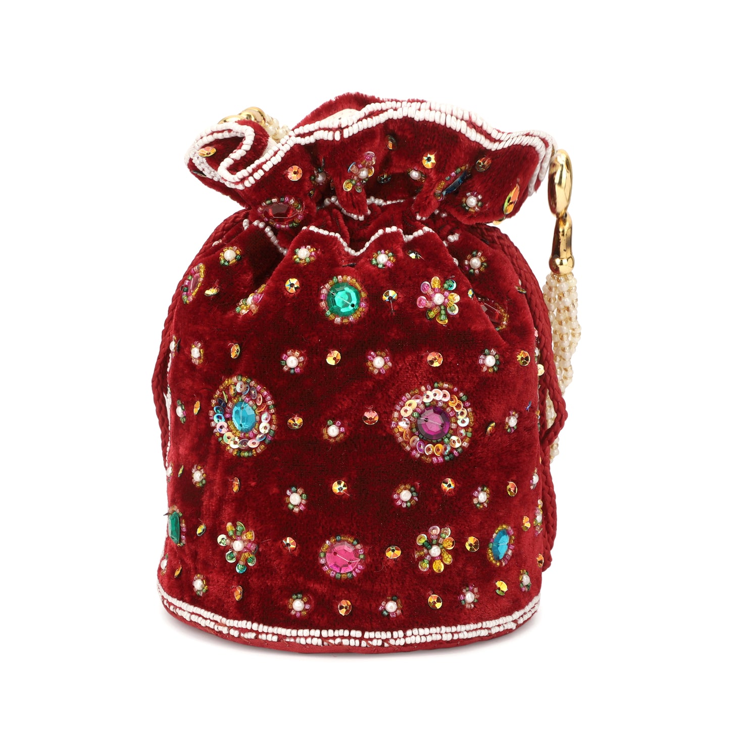 raditional Shagun Potli|Drawstring with Beads Handle Potli|New Flower Embroidery Potli|maroon