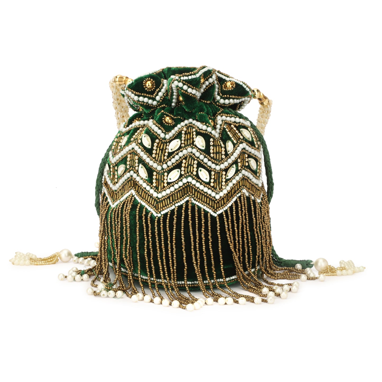 women beaded handmade bridal green color velvet potli bag