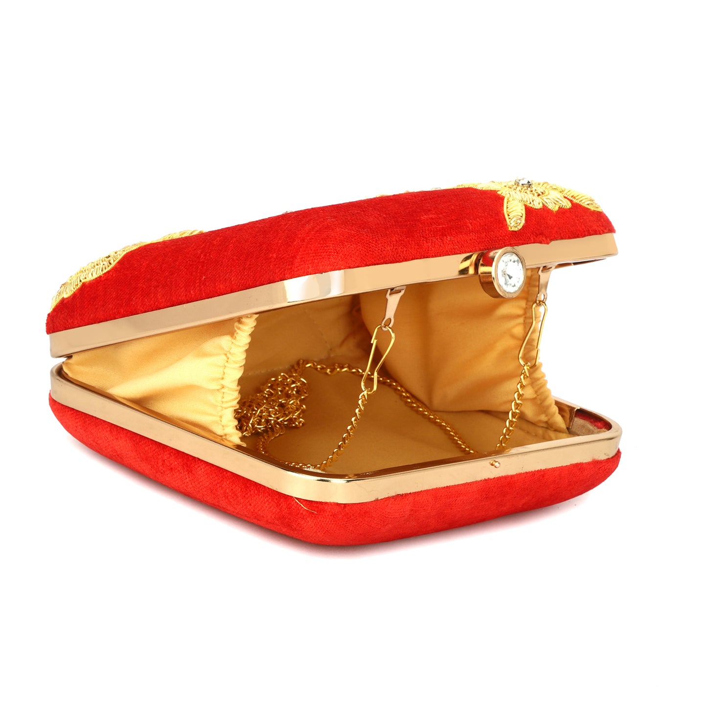 Round circle design women red color clutch box purse with sling gold chain