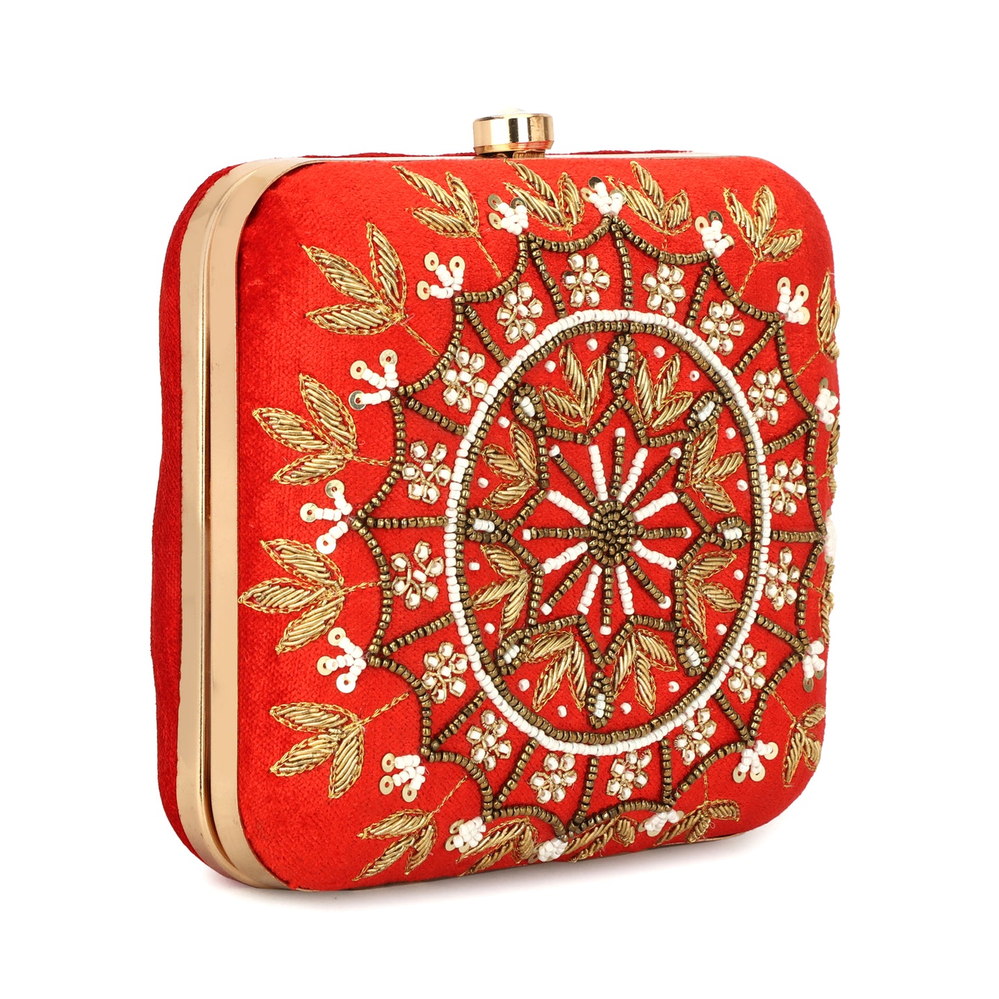 Round circle design women red color clutch box purse with sling gold chain