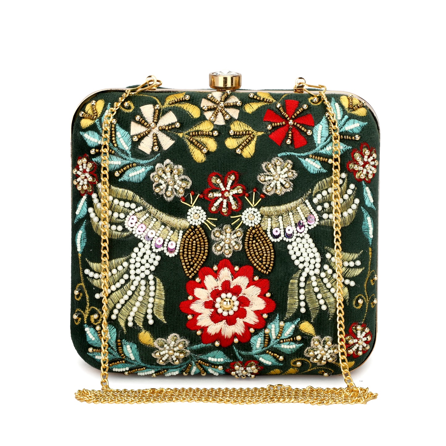 Beaded formal party clutch with pearls handle gold chain for women and girls