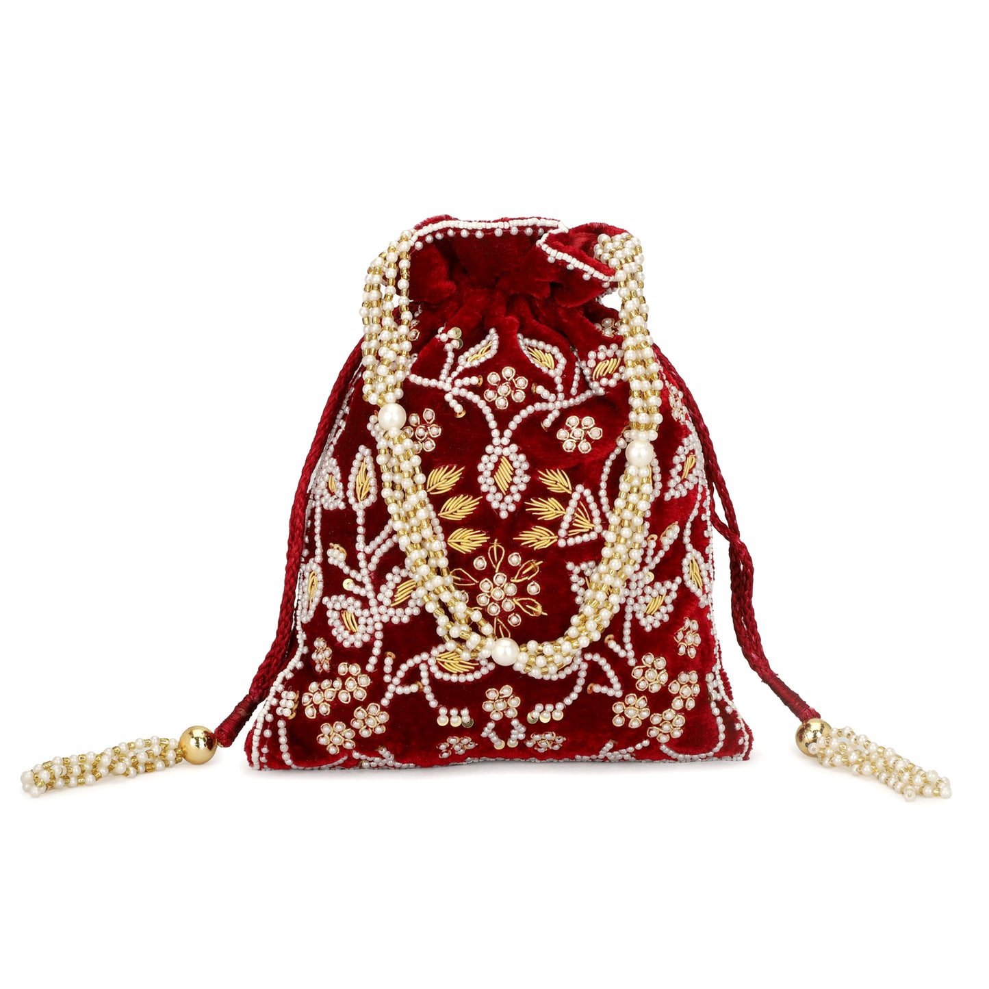 Beaded Women Maroon Potli Bag