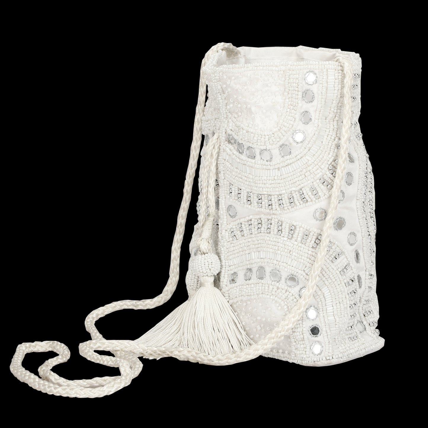 Beaded Women White Potli Bag