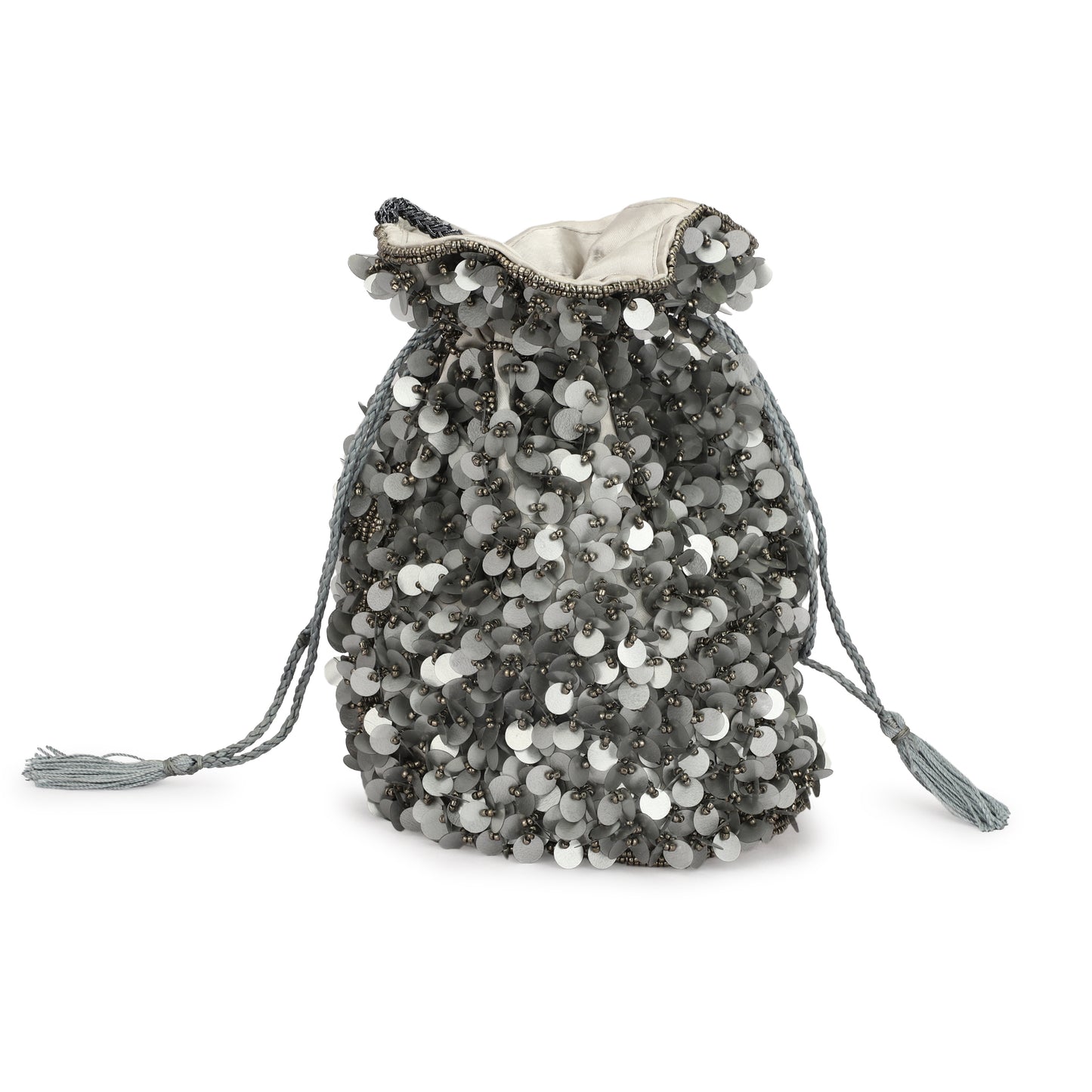 Silver Pearl Embellished Beaded Tassel Potli Bag For Weddings (Silver)