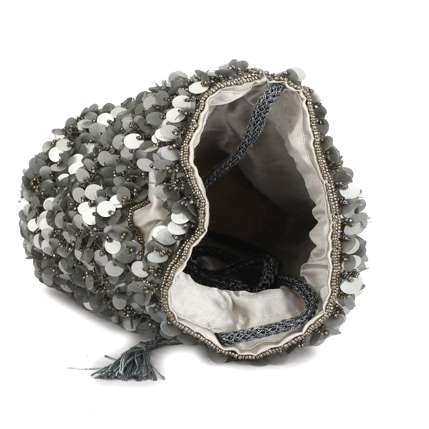 Silver Pearl Embellished Beaded Tassel Potli Bag For Weddings (Silver)