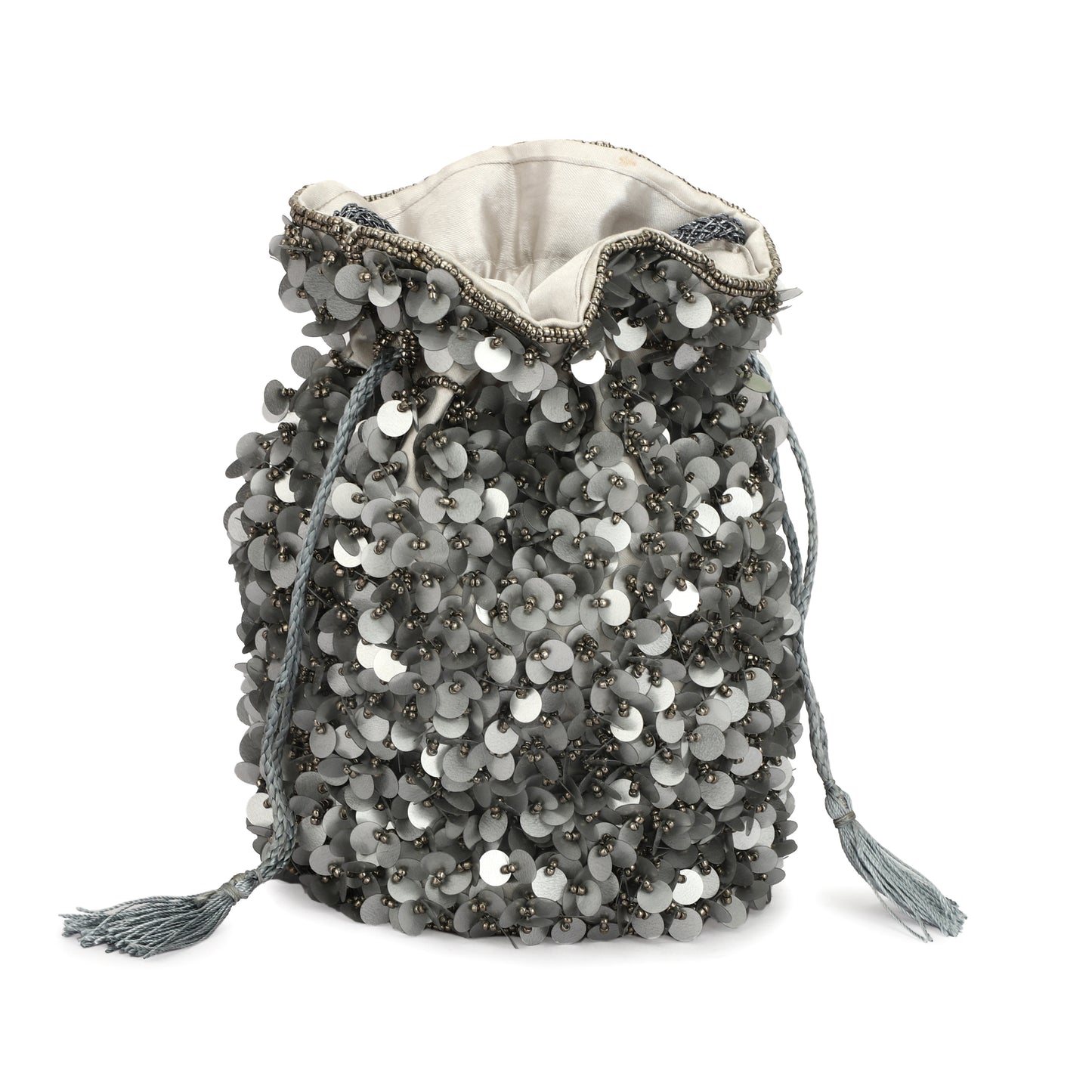 Silver Pearl Embellished Beaded Tassel Potli Bag For Weddings (Silver)