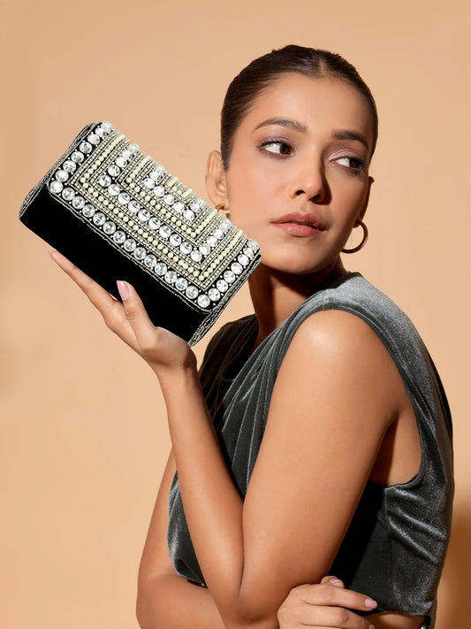 women designer crystal bead work black color clutch purse