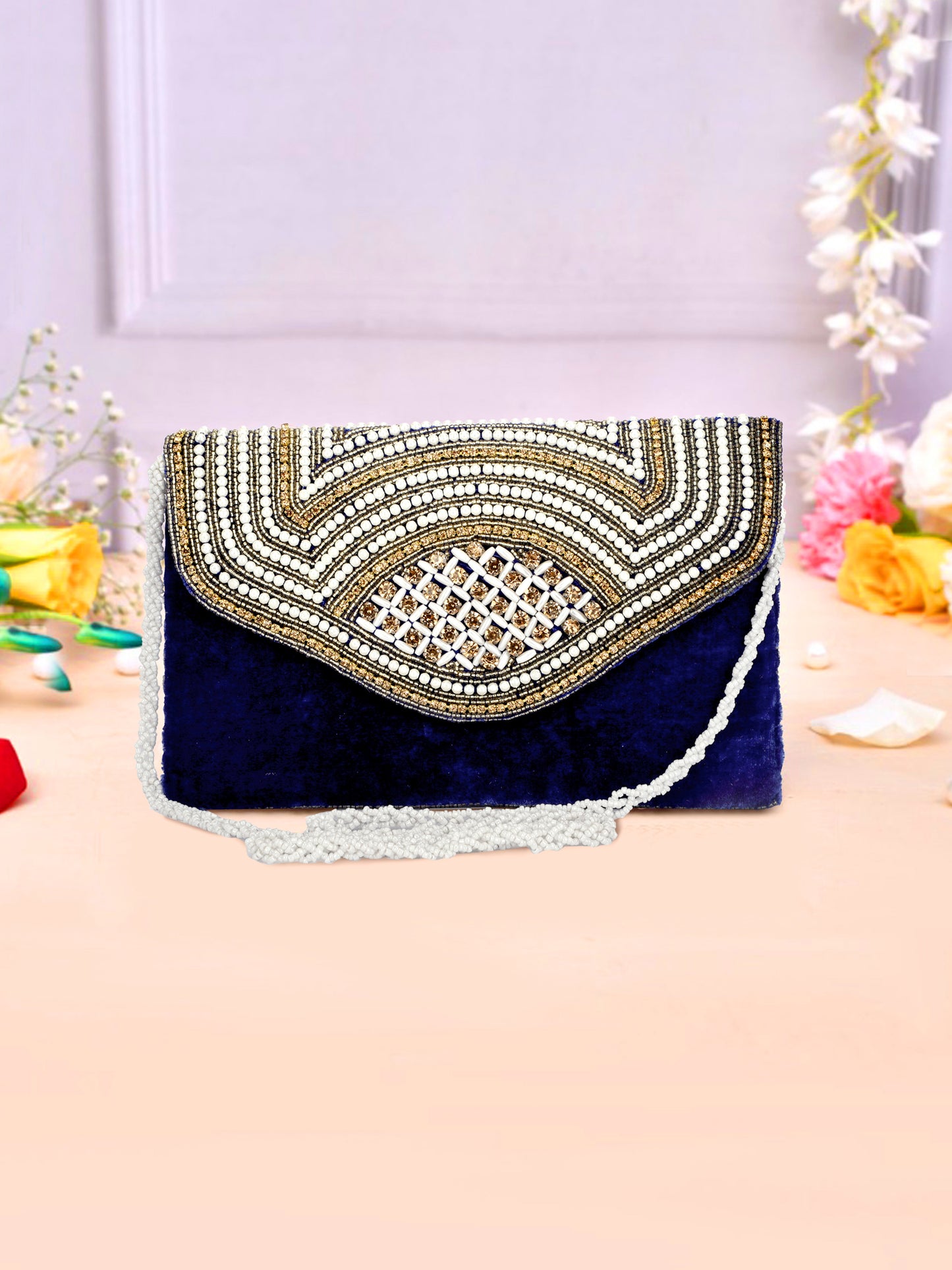 Handmade Beaded Clutch - Shoulder Sling for Women & Girls, White Embellishments.