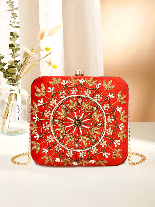 Round circle design women red color clutch box purse with sling gold chain
