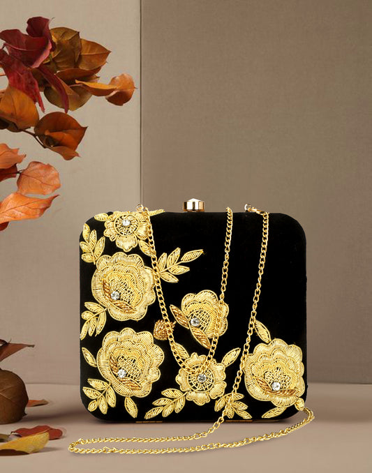 rose design gold work ladies partywear clutch purse