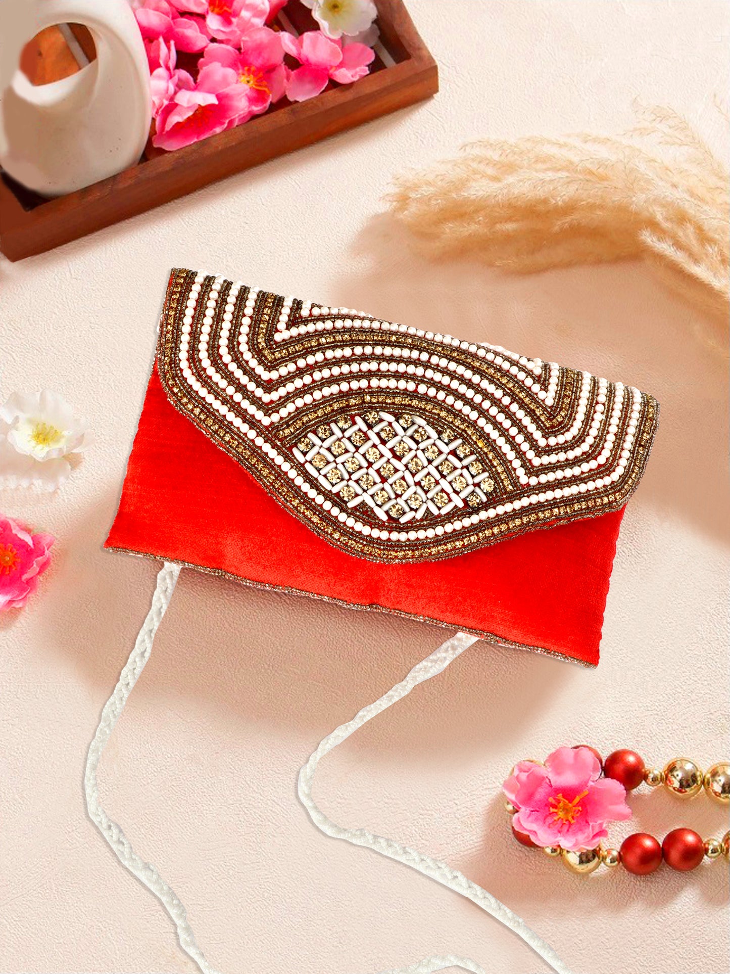 Ethnic gold color embroidery work women red clutch purse