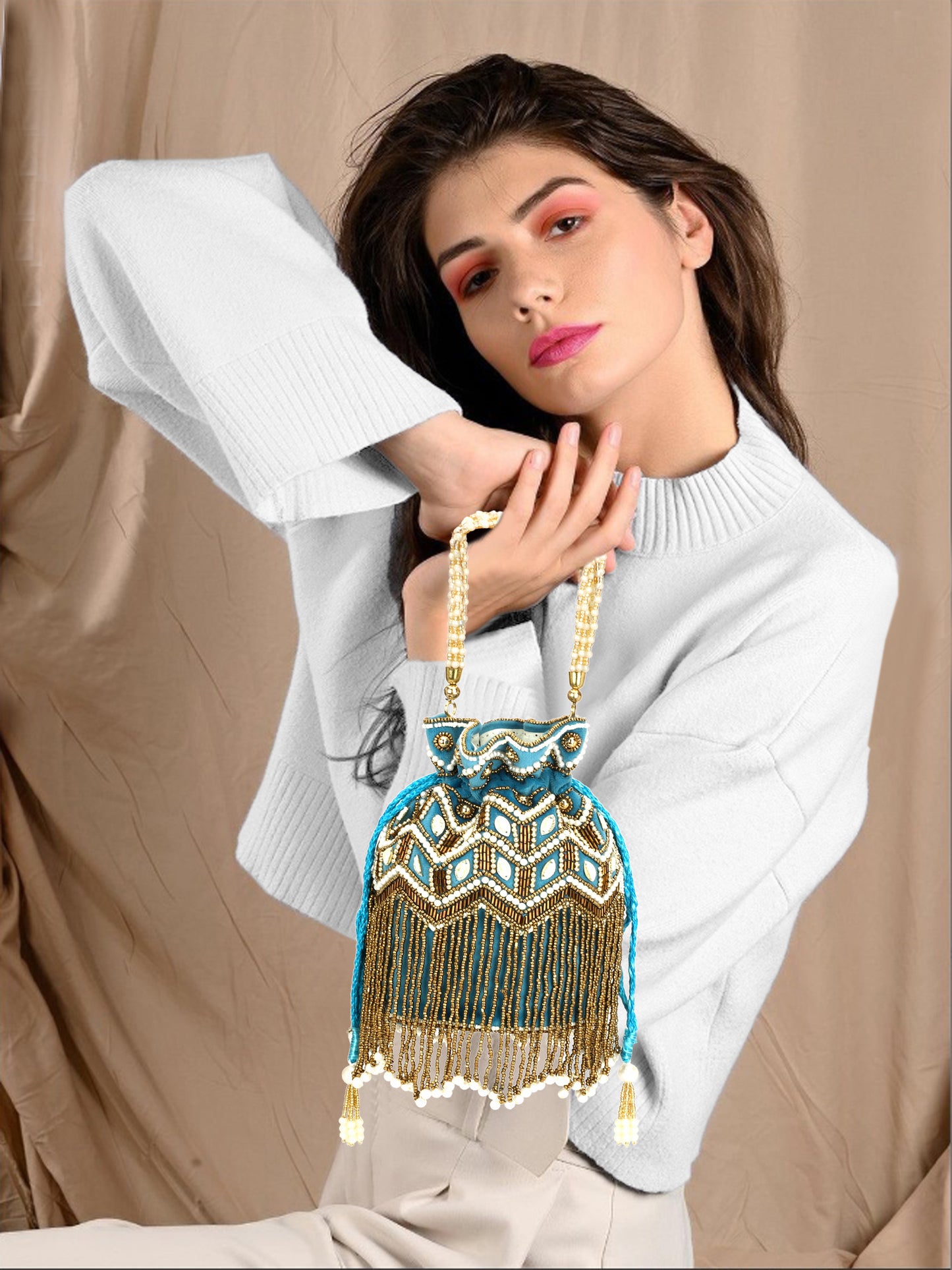 Pearl & Zardosi Potli Bag Hand Embroidery Drawstring Potli Women's Handbag Purse With Pearl Handle & Tassel Purse